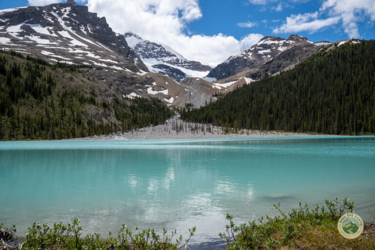 Boundary Lake, a bright blue lake on the Icefields Parkway