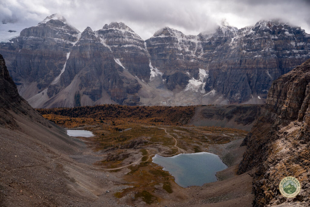 View looking down from Sentinel Pass panoramic view from Sentinel Pass Ten Peaks Banff larch season