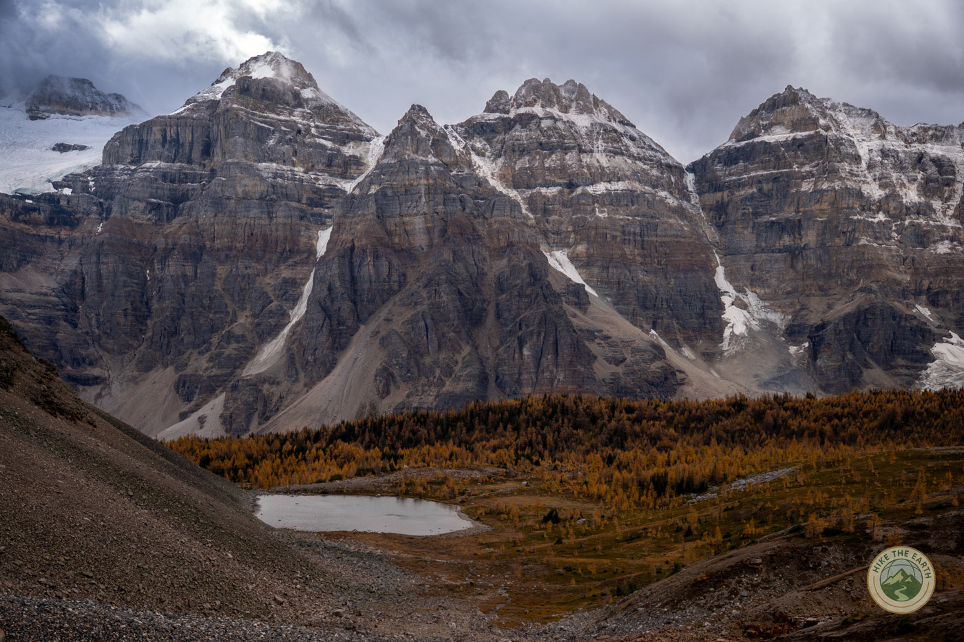 view from Sentinel Pass Ten Peaks Banff Morraine Lake larch season