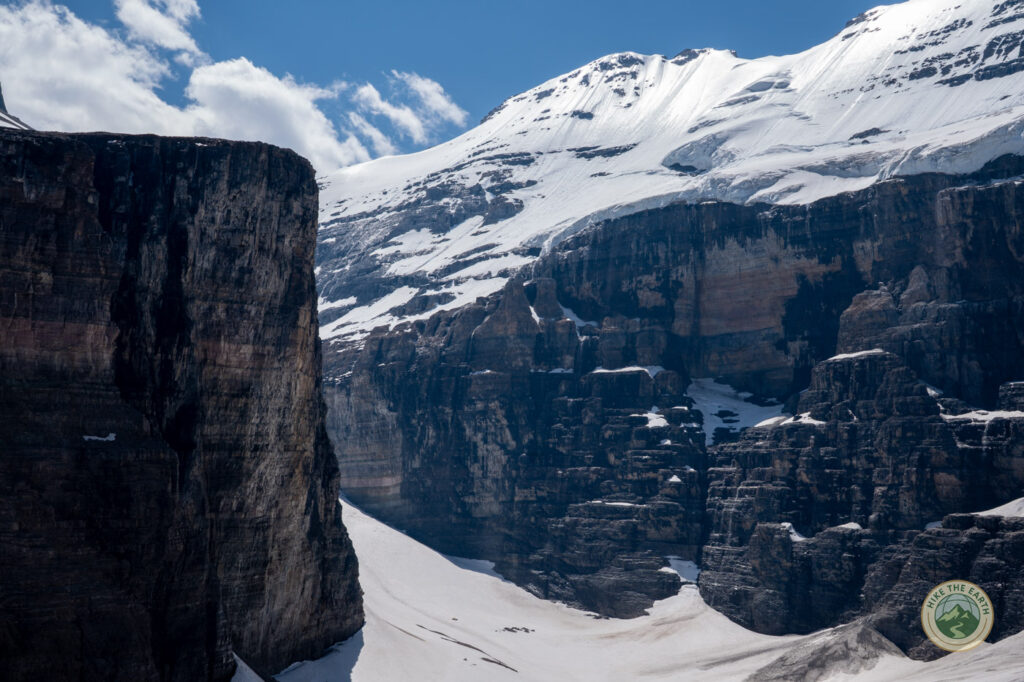 Rock tower and glacier view near the end of the Plain of Six Glaciers hike