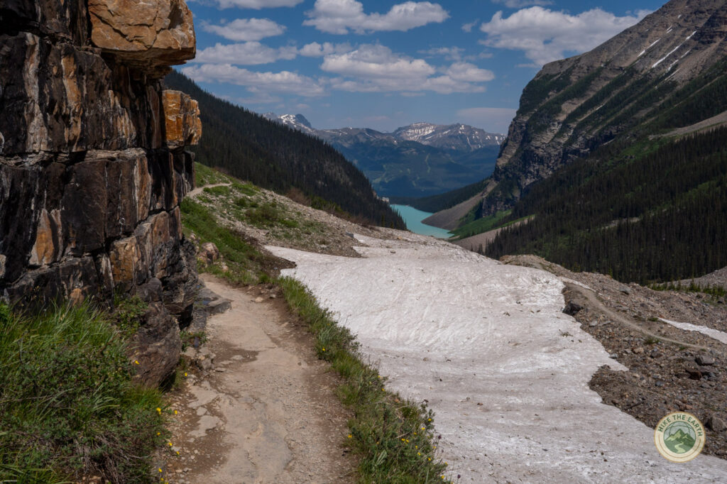 Distant view of Lake Louise from the Plain of Six Glaciers trail on the return hike