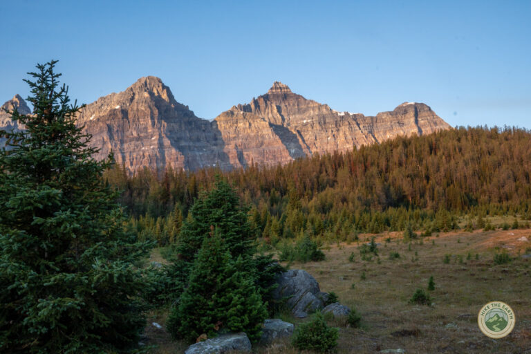 Morning light on the peaks above Larch Valley on the approach to Mount Temple