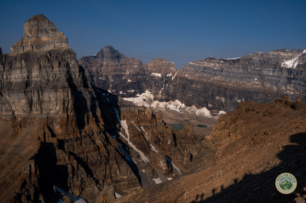 First glimpse of the glacier lakes in Paradise Valley from the Mount Temple route