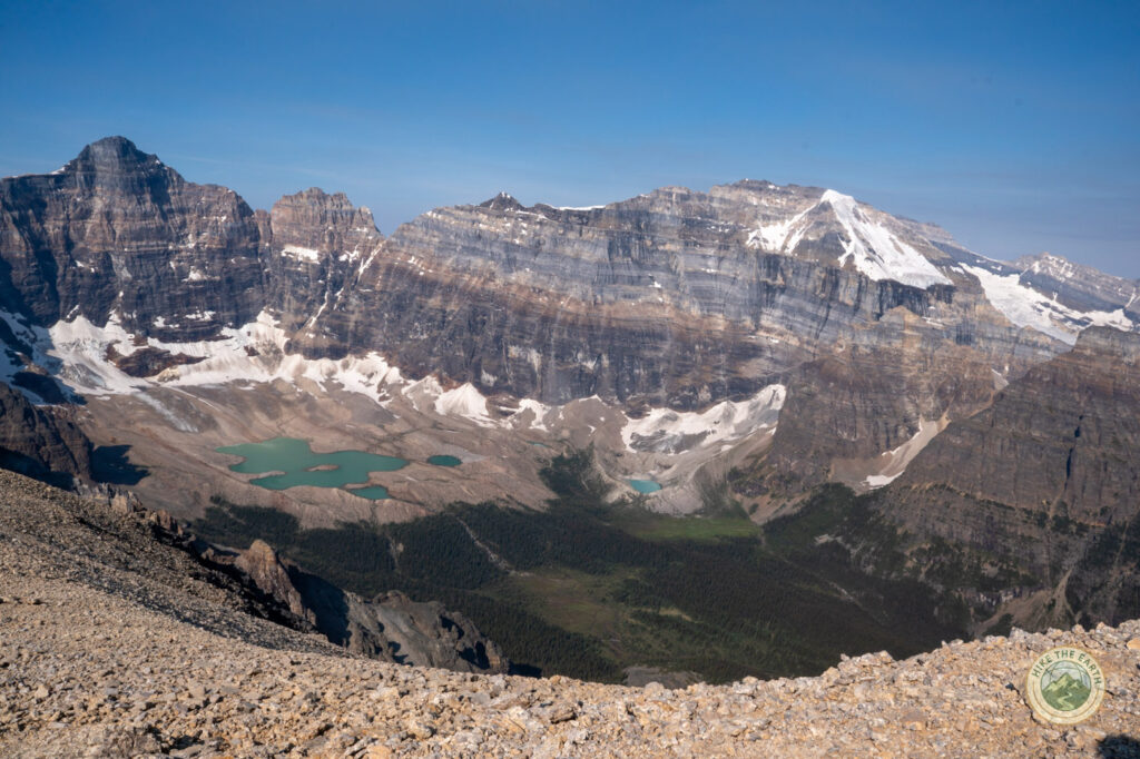 Full view of Paradise Valley's turquoise lakes from the Mt Temple trail