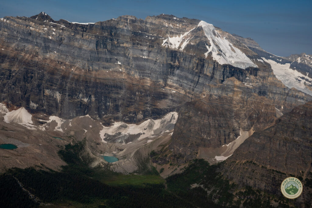 Close-up of Paradise Valley's glaciers and lakes seen from Mount Temple