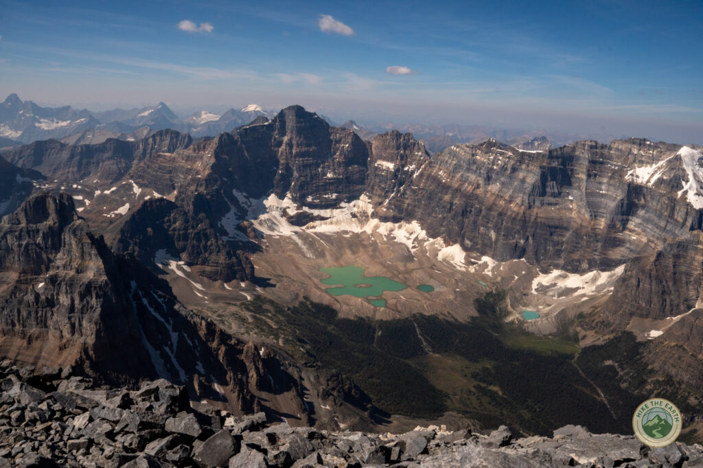 View from the Mount Temple summit toward the glacier lakes