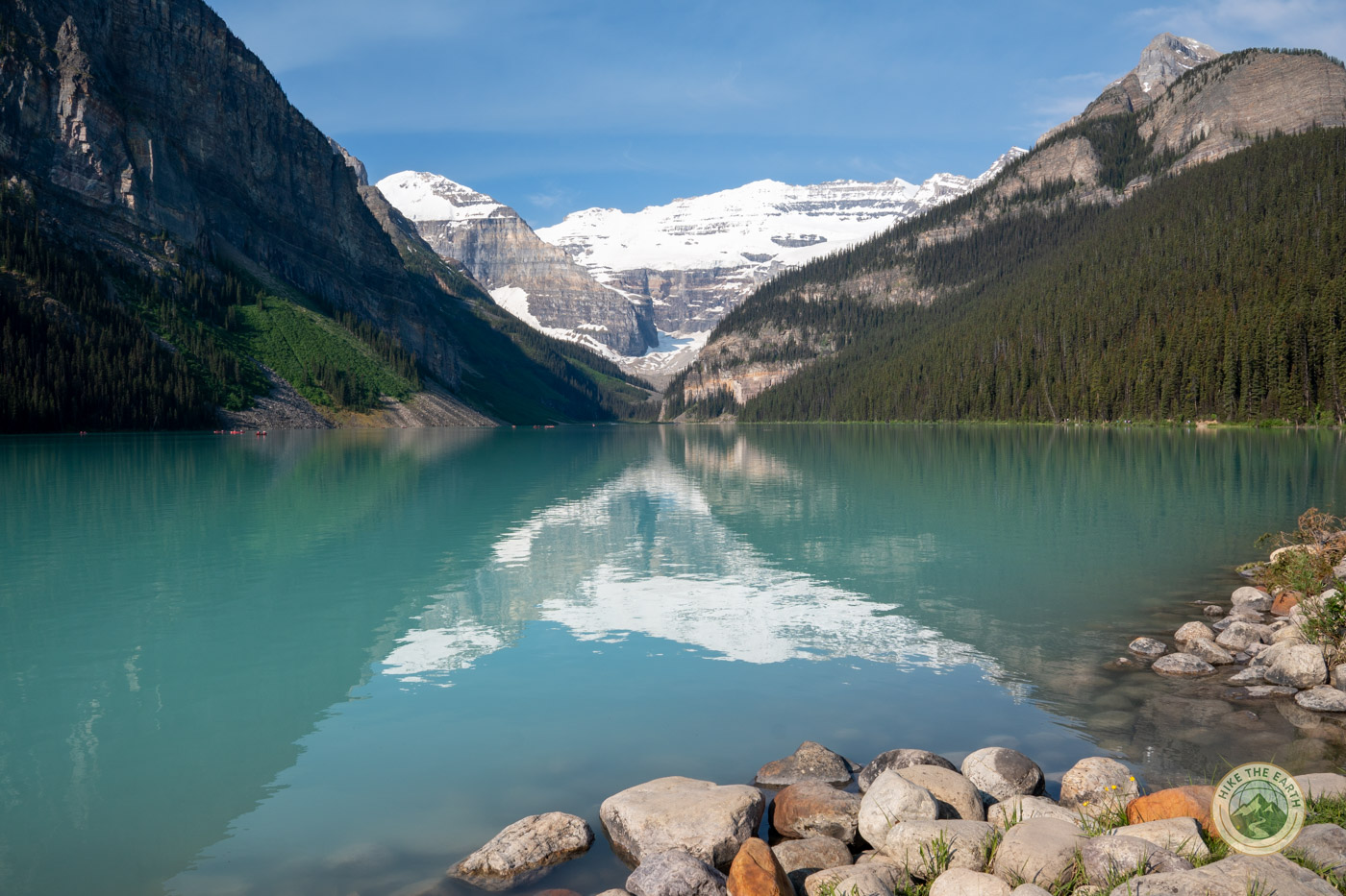 : Lake Louise turquoise water and glacier view from lakeshore